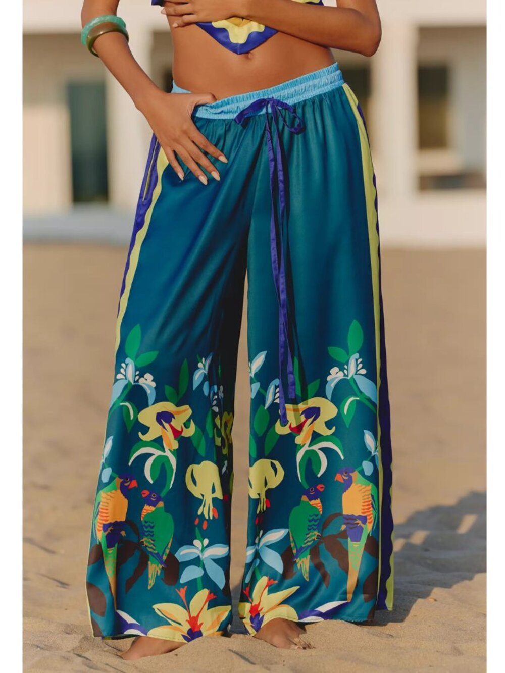 Anthropologie Celandine x Claire Colin Wide-Leg Drawstring Pants Green Blue SP